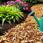 A lush garden scene with vibrant flowers and healthy plants, showcasing the effectiveness of mulching. Focus on the ground level with a thick layer of organic mulch (wood chips, dried leaves) surrounding various plants. Include elements like a watering can and gardening tools, emphasizing the natural and eco-friendly aspect of gardening.