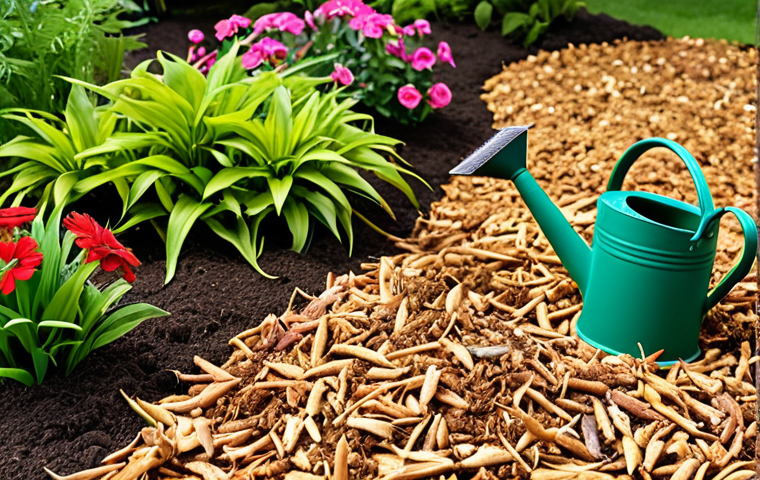 A lush garden scene with vibrant flowers and healthy plants, showcasing the effectiveness of mulching. Focus on the ground level with a thick layer of organic mulch (wood chips, dried leaves) surrounding various plants. Include elements like a watering can and gardening tools, emphasizing the natural and eco-friendly aspect of gardening.