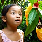**Prompt:** A curious Malaysian child, aged 7-10, with a look of wonder and excitement, gently observing a vibrant butterfly (perhaps a local species like a Common Mormon or Lime Butterfly) emerging from its chrysalis on a flowering plant like *Bunga Raya* (Hibiscus) in a lush, biodiverse home garden. The garden is filled with other tropical plants common in Malaysia, such as *Kesum* or *Pokok Kari*, attracting various bees and small hoverflies. Dappled sunlight filters through the dense foliage, highlighting the scene. The atmosphere is one of discovery, hands-on learning, and a deep connection to nature. Realistic, vibrant colors, warm natural light.