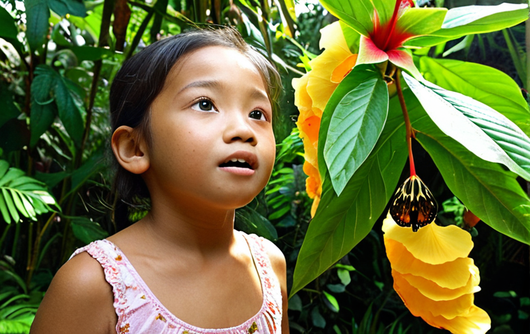 **Prompt:** A curious Malaysian child, aged 7-10, with a look of wonder and excitement, gently observing a vibrant butterfly (perhaps a local species like a Common Mormon or Lime Butterfly) emerging from its chrysalis on a flowering plant like *Bunga Raya* (Hibiscus) in a lush, biodiverse home garden. The garden is filled with other tropical plants common in Malaysia, such as *Kesum* or *Pokok Kari*, attracting various bees and small hoverflies. Dappled sunlight filters through the dense foliage, highlighting the scene. The atmosphere is one of discovery, hands-on learning, and a deep connection to nature. Realistic, vibrant colors, warm natural light.